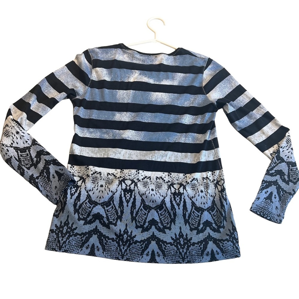 Olsen Europe Stylish Long Sleeve Top with Blue and Black Stripes.